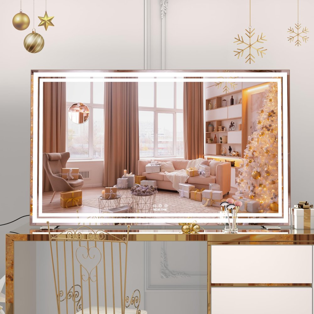 BEAUTME Vanity Mirror,40x24.3 Inch, Hollywood Mirror with Double Led Strips,Makeup Mirror for Dressing Room & Bedroom, Desktop Mirror/Wall Mounted Mirror 1.8M Charger Cable,Aluminium Frame,Silver