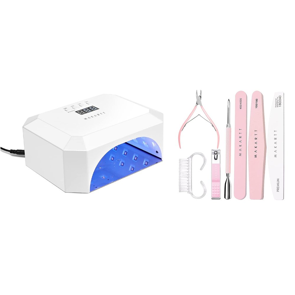 Makartt UV Light LED Nail Lamp for Nails Eloisee 36W Professional Nail Dryer Bundle with Nail File and Buffer, Pink Basic Nail Prep Kit with Cuticle Trimmer, Beginner Manicure Kit