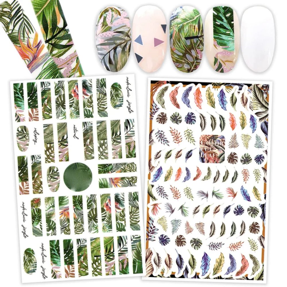 2 Sheets Jungle Lovers Tropical, Nail Art Stickers, Colorful Tropical Leaf Flowers, Palm Leaf, Bird of Paradise, Nail Decals Self Adhesive, Each Sticker Measures Approximately 3.5 x 5inch.
