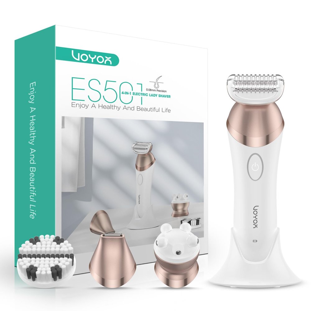 VOYOR Electric Razors for Women 4 in 1 Bikini Trimmer, Foil Shaver for Women 4 Replacement Heads for Body, Pubic Hair Trimmer, Cleansing, Massage 2 Adjustable Speeds Rechargeable Shaver ES501 (Gold)
