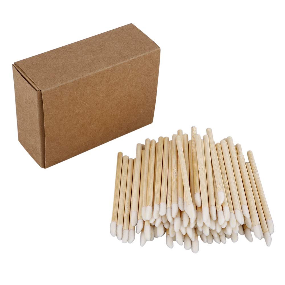 100pcs Disposable Make Up Lip Brush, Disposable Makeup Applicators Lipstick Applicators, Lint free Applicator Lip Gloss Wand with Bamboo Handle for Lip Eyelash Extension Application(White)