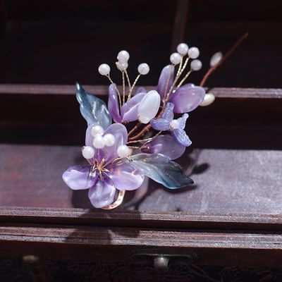 1 Pcs 6inch Rabithenn Purple flower vine Barrettes for Women Chinese Hanfu Classic Acrylic Resin Pearl Hair Clips Flower with Metal Handmade Hair Accessories for Women Girls Long Hair (Purple)