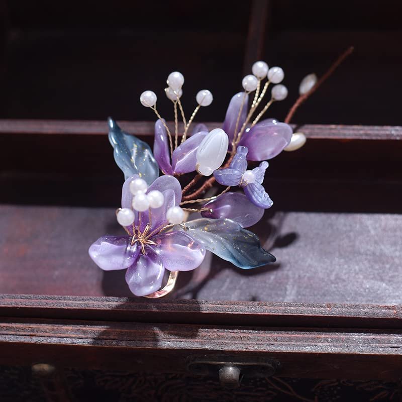 1 Pcs 6inch Rabithenn Purple flower vine Barrettes for Women Chinese Hanfu Classic Acrylic Resin Pearl Hair Clips Flower with Metal Handmade Hair Accessories for Women Girls Long Hair (Purple)
