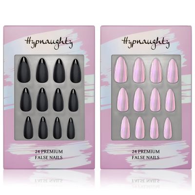 Hypnaughty Press On Nails - Caviar & Light Pink Almond Chrome, Trendy & Salon Quality Reusable Nails With Kit