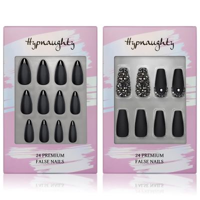 Hypnaughty Press On Nails - Caviar Black Almond & Rhinestone Noir Matte Black Coffin with Gunmetal Rhinestones, Trendy & Salon Quality Reusable Nails With Kit