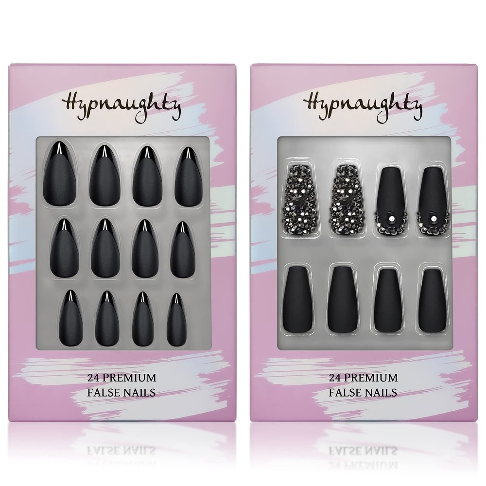 Hypnaughty Press On Nails - Caviar Black Almond & Rhinestone Noir Matte Black Coffin with Gunmetal Rhinestones, Trendy & Salon Quality Reusable Nails With Kit
