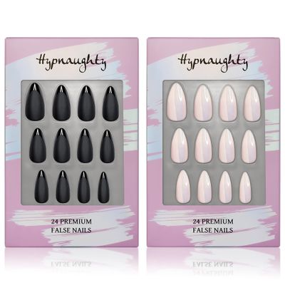 Hypnaughty Press On Nails - Caviar & Light Peach Almond Chrome, Trendy & Salon Quality Reusable Nails With Kit