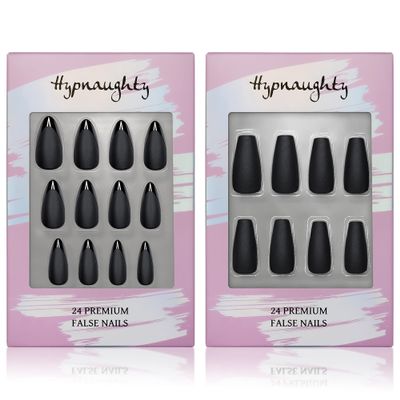 Hypnaughty Press On Nails - Caviar Black Almond & Noir Matte Black Coffin, Trendy & Salon Quality Reusable Nails With Kit