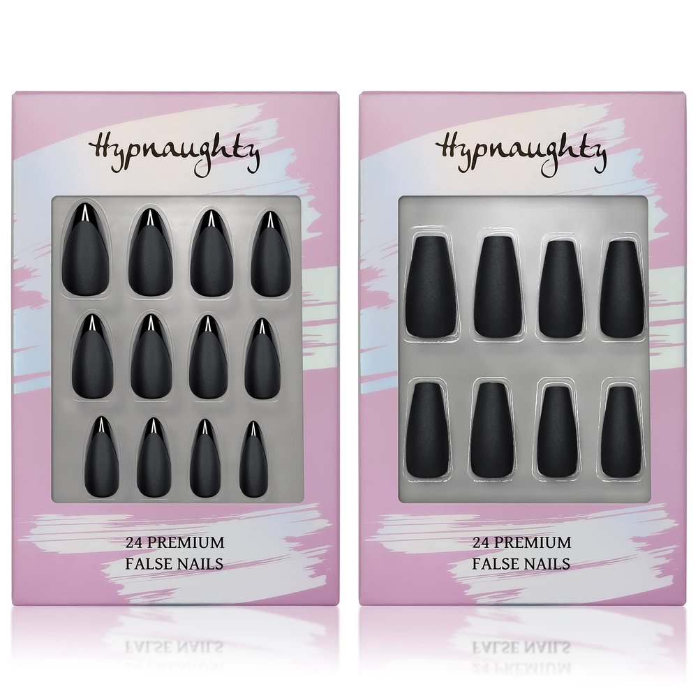 Hypnaughty Press On Nails - Caviar Black Almond & Noir Matte Black Coffin, Trendy & Salon Quality Reusable Nails With Kit