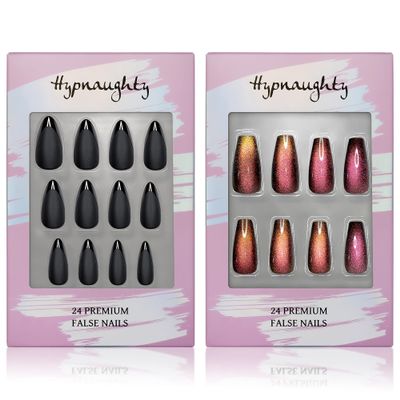 Hypnaughty Press On Nails - Caviar Black Almond & Galaxy Cat Eye, Trendy & Salon Quality Reusable Nails With Kit