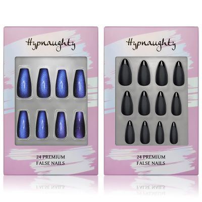 Hypnaughty Press On Nails - Stardust Cat Eye Coffin & Caviar Black Almond, Trendy & Salon Quality Reusable Nails With Kit