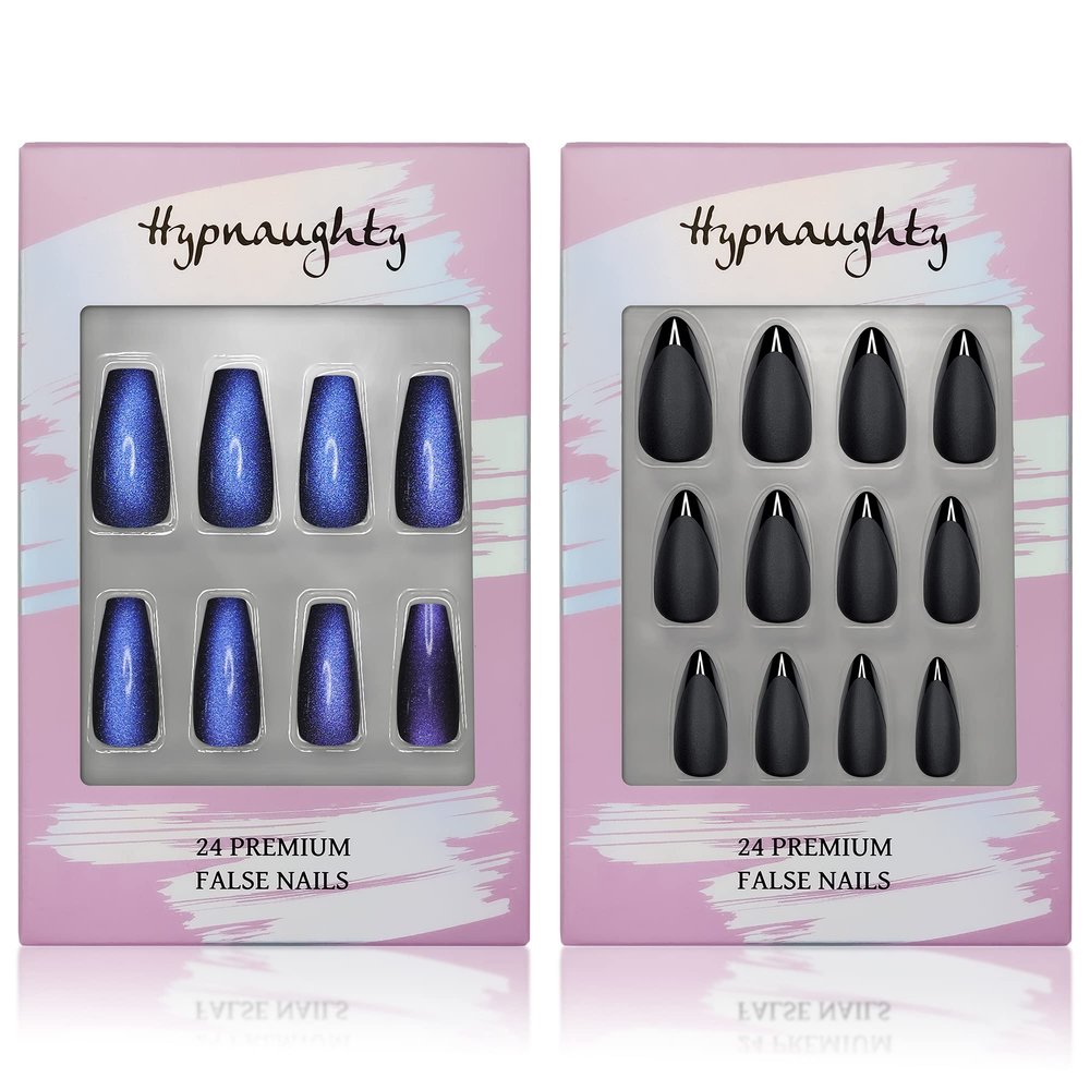 Hypnaughty Press On Nails - Stardust Cat Eye Coffin & Caviar Black Almond, Trendy & Salon Quality Reusable Nails With Kit