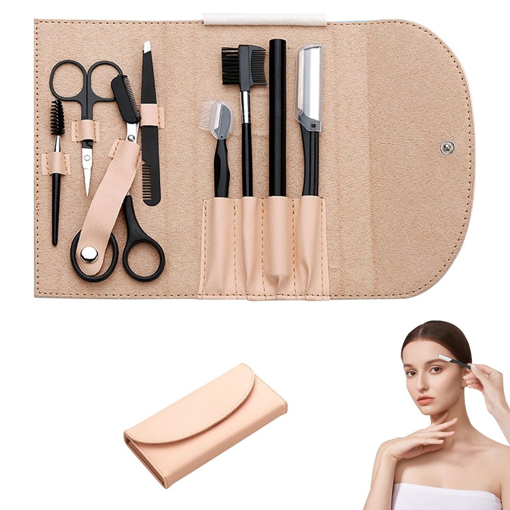 8PCS/SET Professional Eyebrow Shaping Grooming Kit - Beauty Tools Set with Leather Bag Eyebrow Grooming Kit for Women & Men, Eyebrow Trimming Kit With Razor Eyebrow Scissors and Brush with Comb Khaki