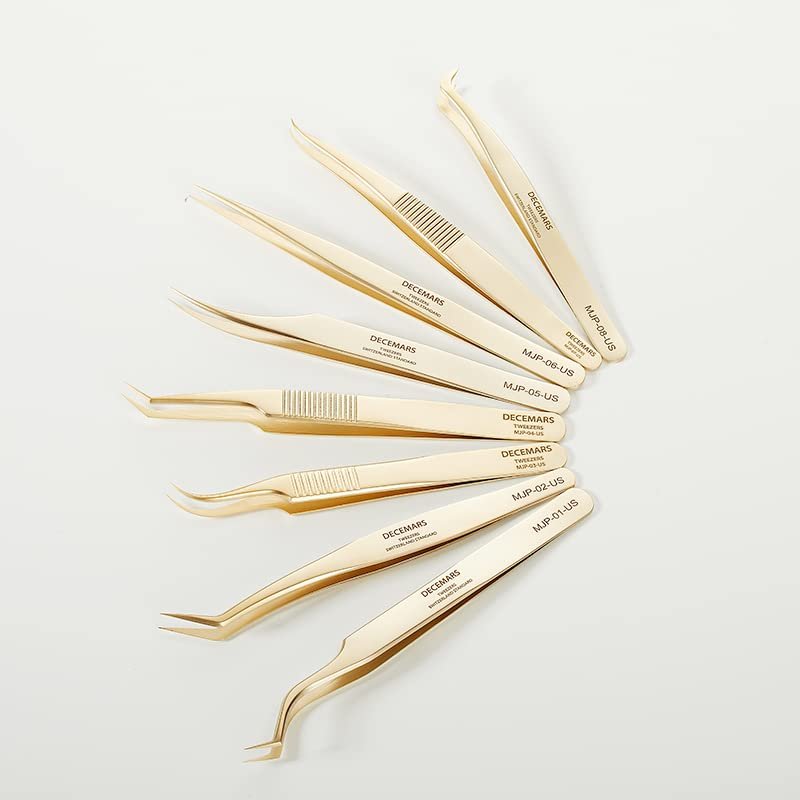 DeceMars Fiber Tip Eyelash Extensions Tweezers Stainless Steel Lash Tweezer Gold (04)