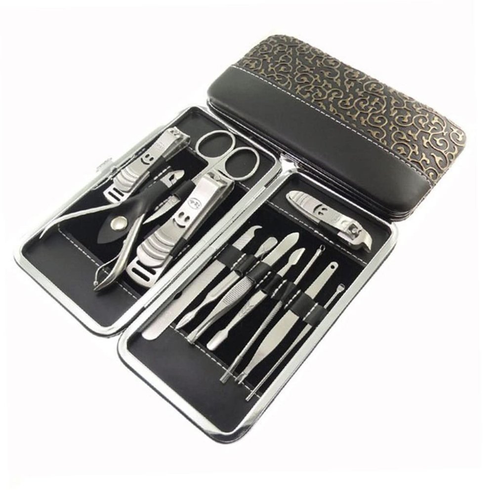 Abaodam 12pcs Stainless Steel Manicure Set Plant Print Case Complete Nail Grooming Kit for Home and Travel Use Includes Clippers Scissors and More