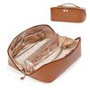 EACHY Travel Makeup Bag, Large Capacity Cosmetic Bags for Women, Waterproof Portable Open Flat Toiletry Bag Make up Bag with Divider and Handle, Gifts for Women (Brown, Large) view 1