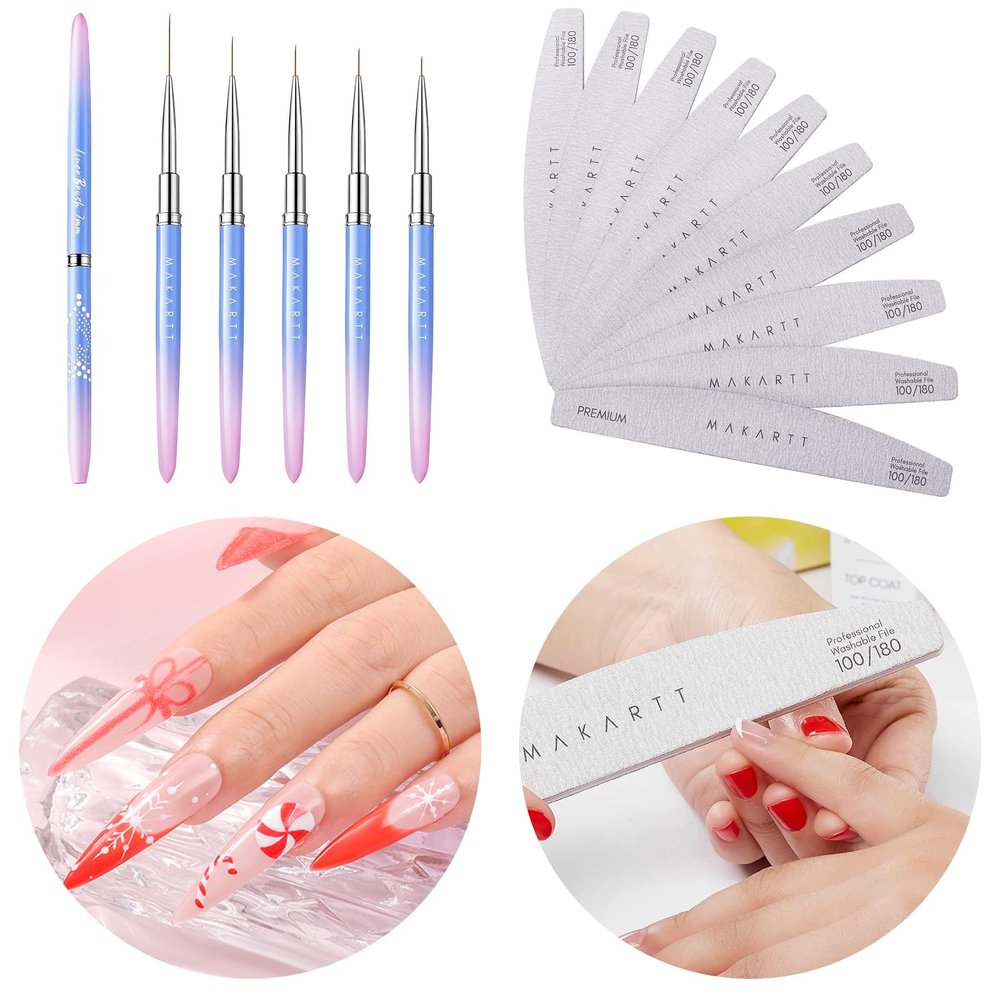 Makartt Nail Art Brushes with Nail File Bundle, Thin Nail Art Design Brush Detail Brush for Gel Polish Nail Paintings, 100/180 Grit Nail Files for Acrylic Nails Gel