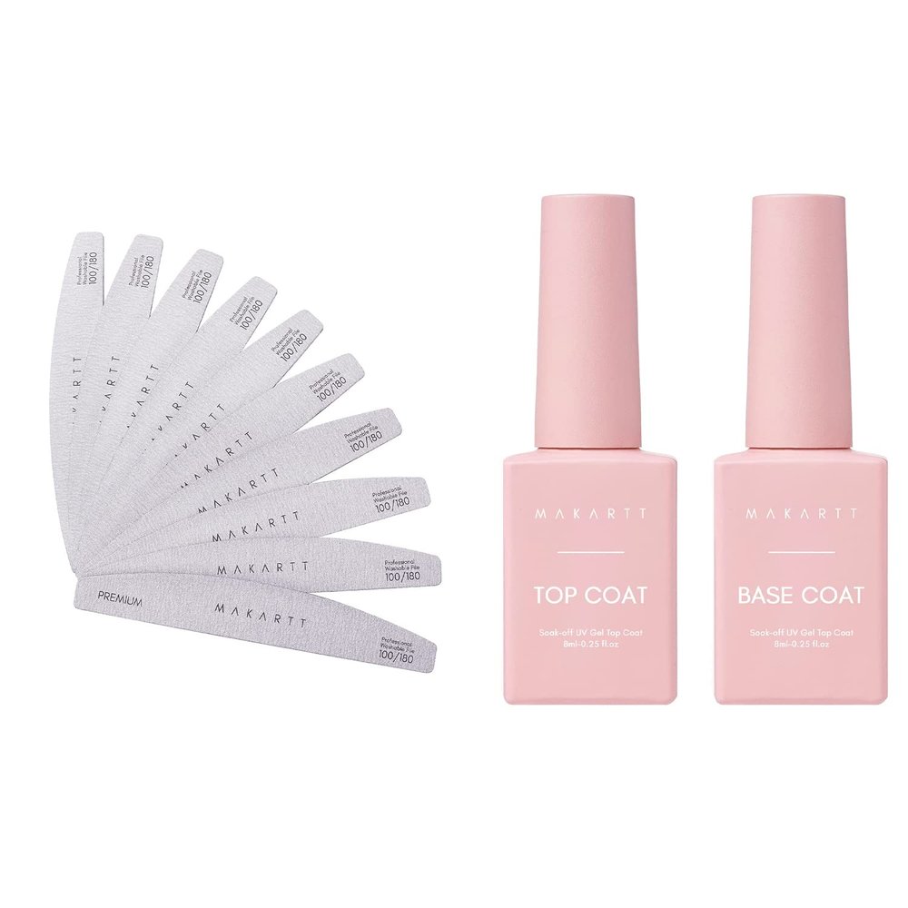 Makartt No Wipe Top Coat and Base Coat Kit with Nail File Bundle, 8ml Foil Transfer Gel Foil Adhesive Glue, 100/180 Grit Nail Files for Acrylic Nails Gel