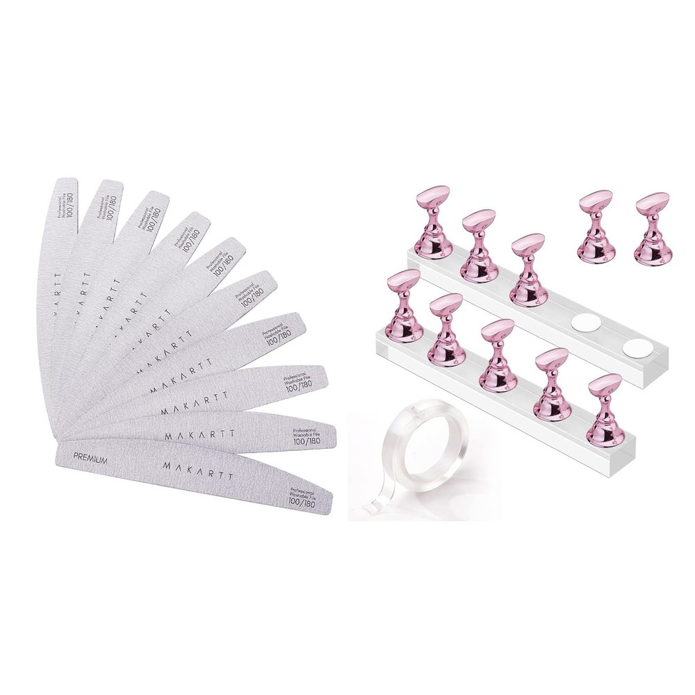 Makartt Nail Stand for Nails Art Display with Nail File Bundle, Nails Art Display Practice Nail Holder for Painting Nails Stand for False Nail, 100/180 Grit Nail Files for Acrylic Nails Gel