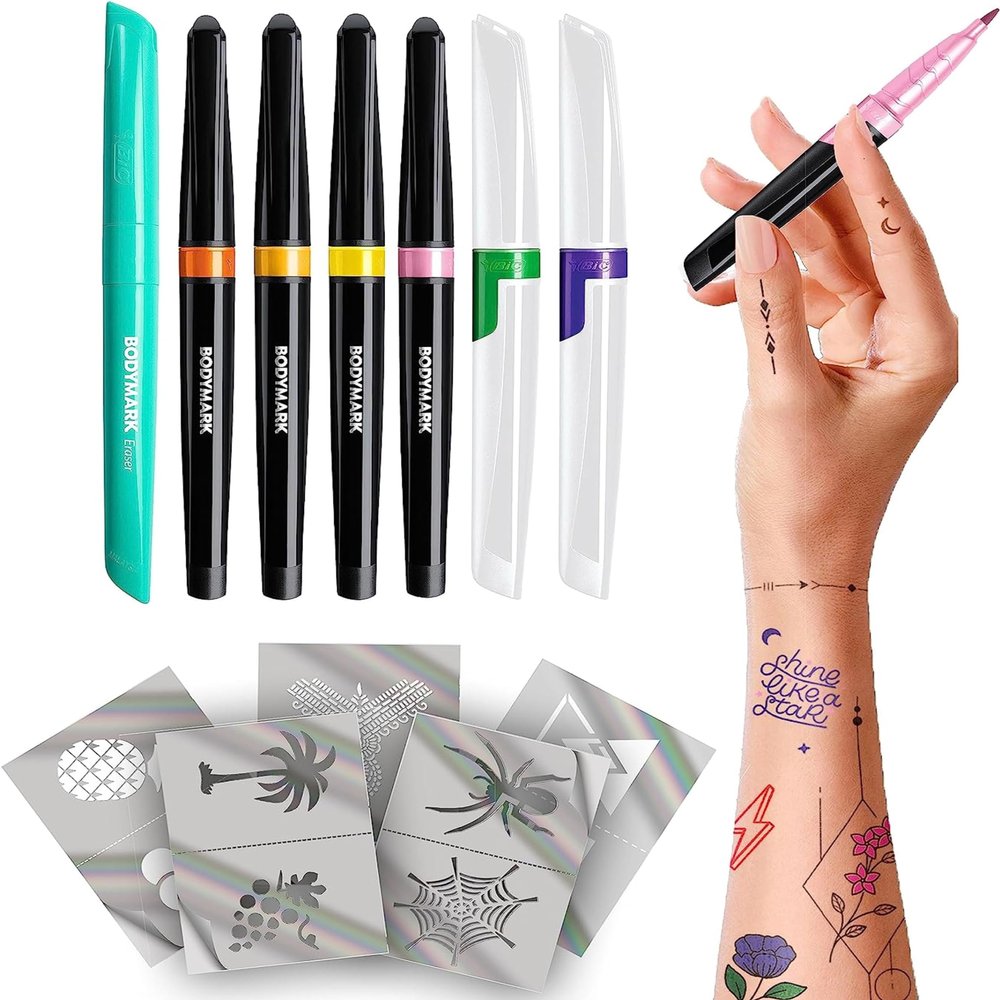 BodyMark Expansion Pack Temporary Tattoo Marker for Skin, Premium Brush Tip, 6 Count Pack of Assorted Colors and Stencils, One Eraser Touch Up Pen, Skin-Safe Temporary Tattoo Markers Set