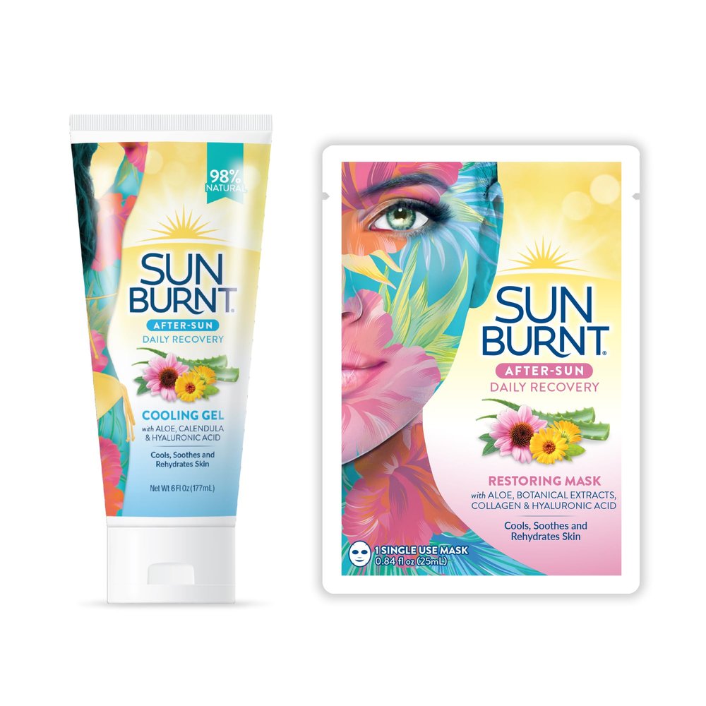 SunBurnt Gel 6Fl Oz and Face Mask 4pack After Sun Skin Care Bundle, Advanced Sun Recovery, Treat Dry Sun Damaged Skin, For After Sun Exposure, Much More than Aloe, Soothes and Rehydrates Hot Dry Skin