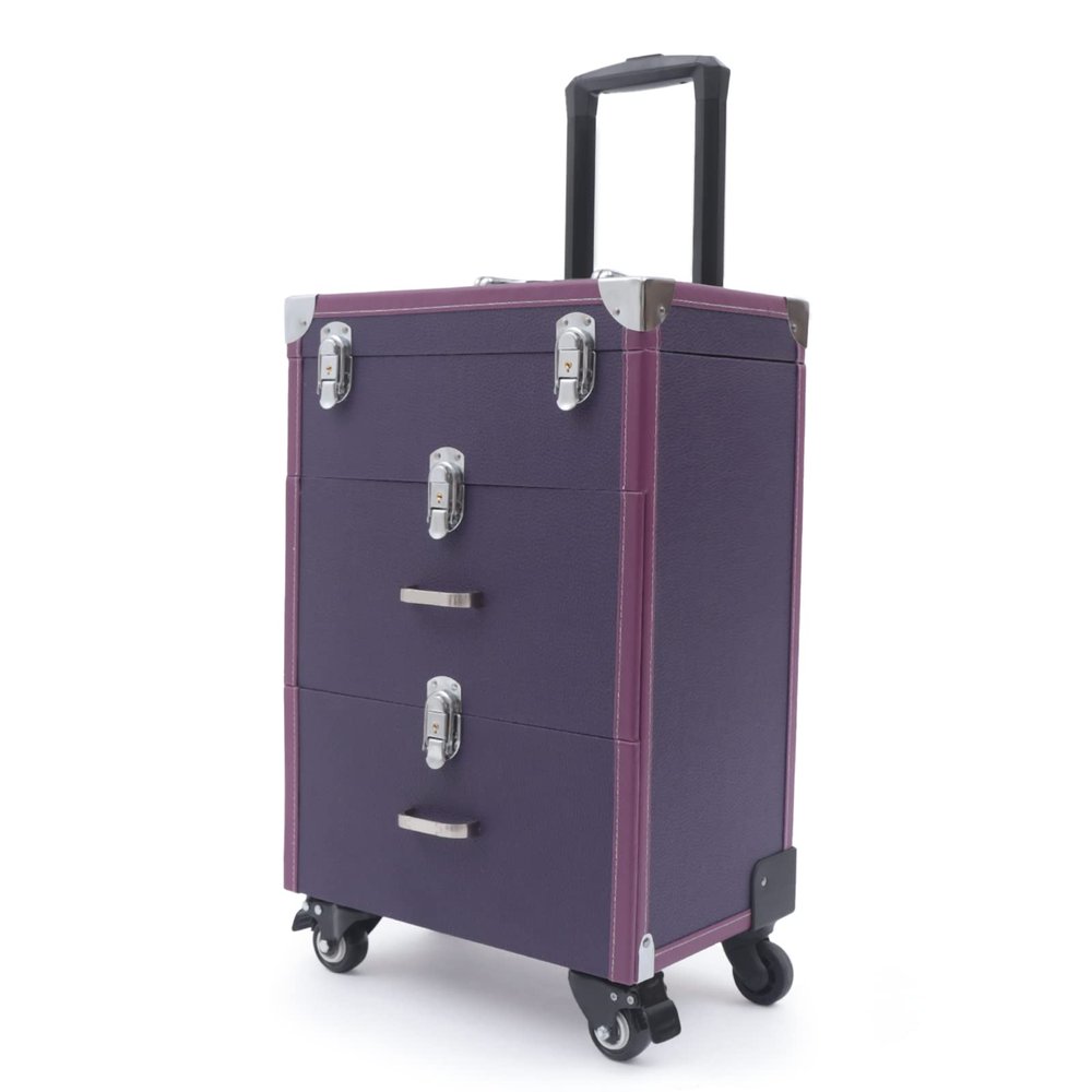 Makeup Train Case, Rolling Makeup Trolley Case, 3 Tier Cosmetic Trolley Nail Polish Organizer, Jewelry Travel Cosmetic Train Case with 4 Wheels for Make Up Nail Tech Salon 24.8*12.6*16.1 Inch/2332