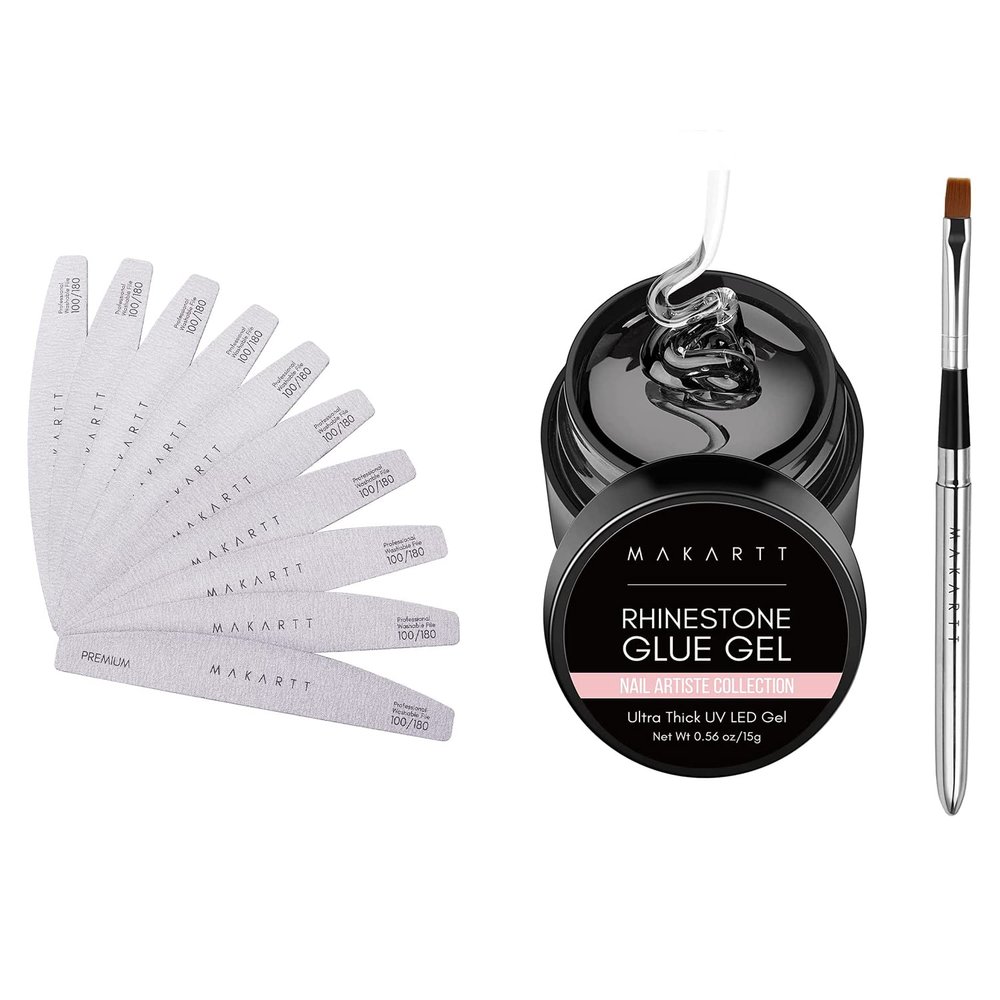 Makartt Nail Rhinestone Glue Gel with Nail File Bundle, 15ml Clear Nail Gem Glue Gel Wipe-Off Super Strong, 100/180 Grit Nail Files for Acrylic Nails Gel