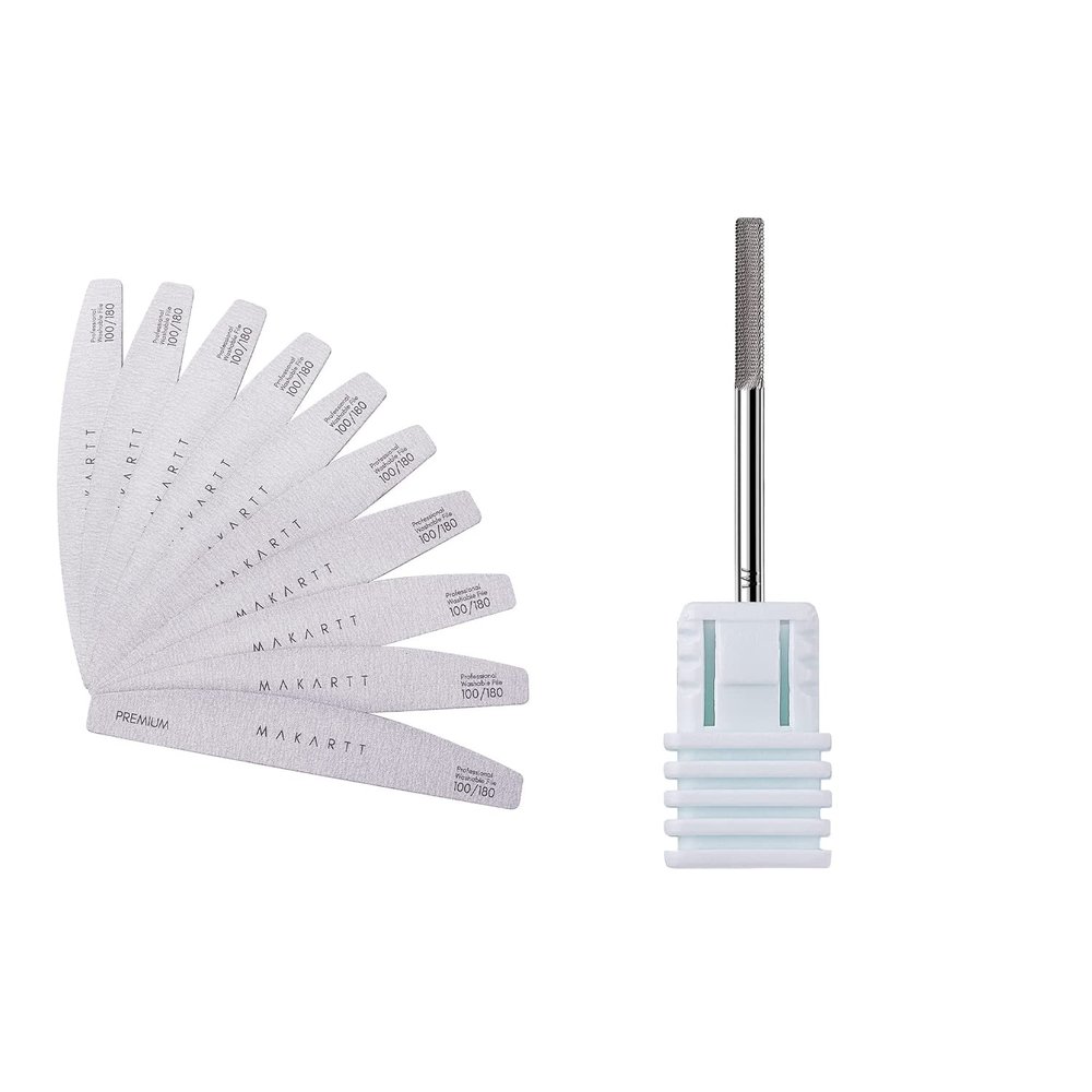 Makartt Cuticle Nail Drill Bit with Nail File Bundle, Safety Tungsten Carbide Cuticle Remover Drill Bit, 100/180 Grit Nail Files for Acrylic Nails Gel
