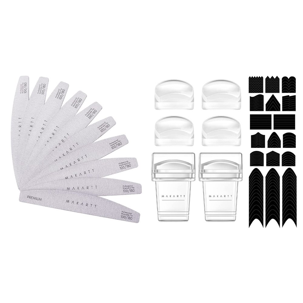 Makartt 12 PCS French Nail Art Stamper Kit with Nail File Bundle, 2 PCS Jelly Nail Stamper 4 PCS Silicone Replaceable Stamper, 100/180 Grit Nail Files for Acrylic Nails Gel