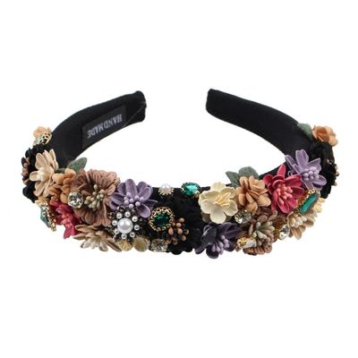 Florate Pearl Flower Sponge Headbands Full Cover Chunky Bead Crystal Stone Hair Accessories for Women Rhinestone Hairband Hair Band (black)