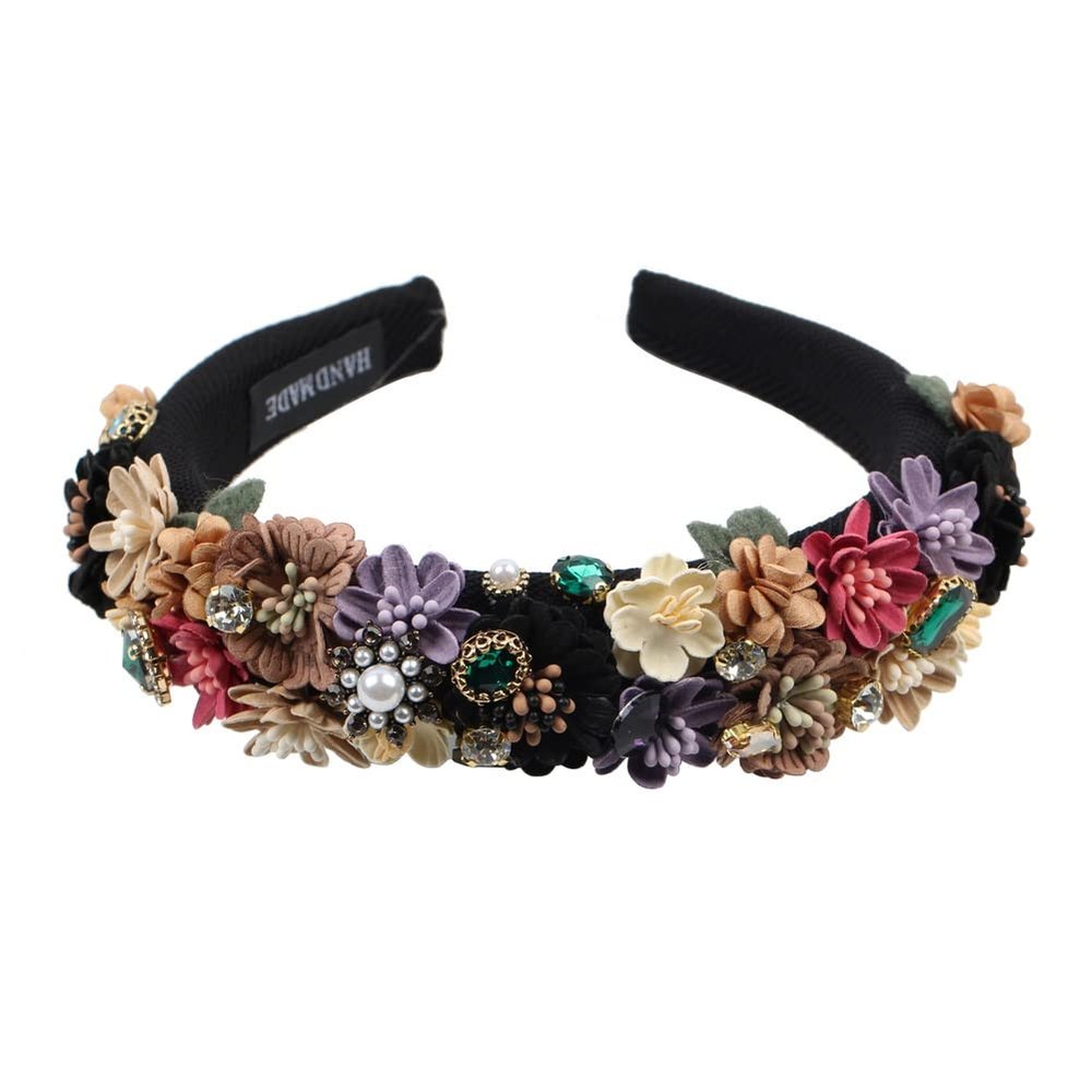Florate Pearl Flower Sponge Headbands Full Cover Chunky Bead Crystal Stone Hair Accessories for Women Rhinestone Hairband Hair Band (black)