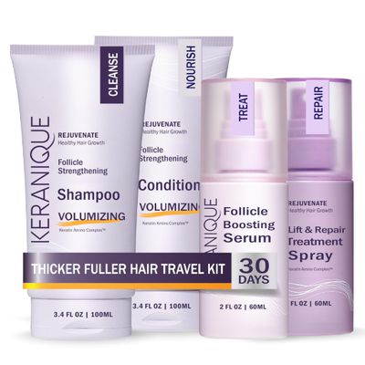 Keranique Hair Products Set for Thinning Hair - Volumizing Shampoo, Conditioner, Follicle Booster Serum, Spray for Fine Texture Boost, and Keratin Repair for Women