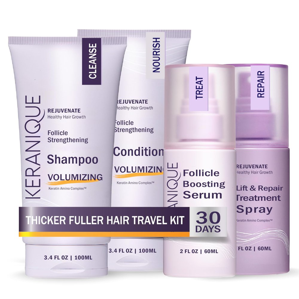 Keranique Hair Products Set for Thinning Hair - Volumizing Shampoo, Conditioner, Follicle Booster Serum, Spray for Fine Texture Boost, and Keratin Repair for Women