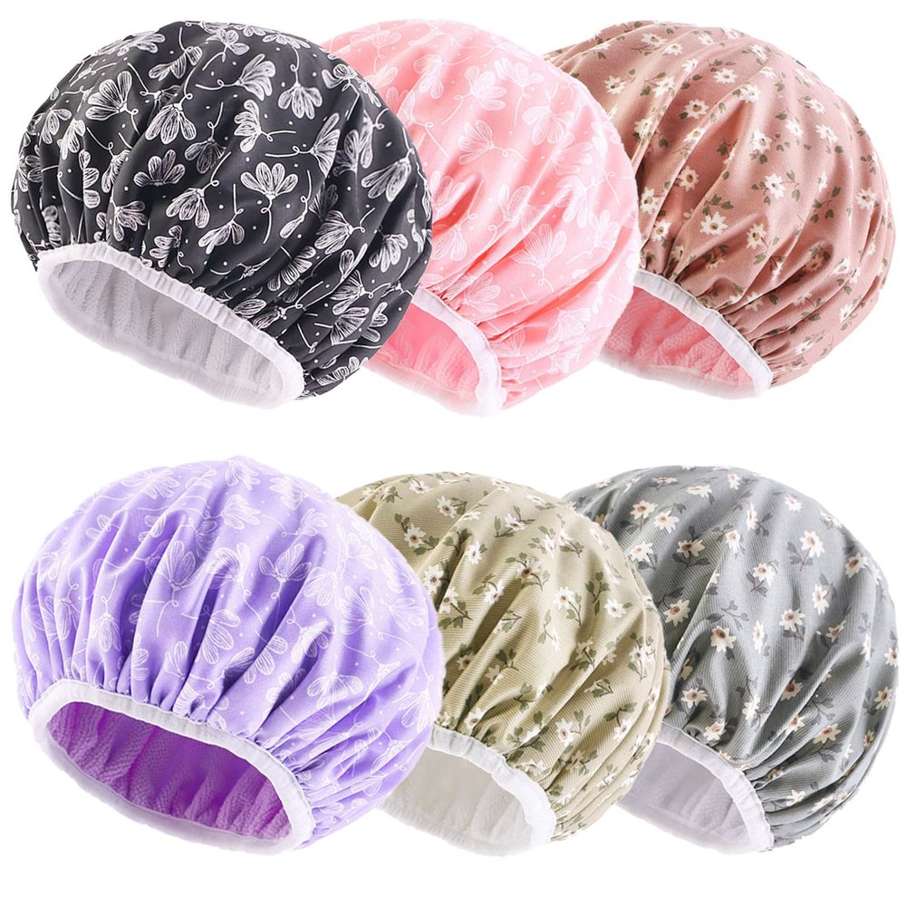 6 Pieces Womens Shower Cap Terry Cloth Lined EVA Exterior Triple Layer Reusable Waterproof Large Bath Hair Cap Hair Drying Cap Bath Caps