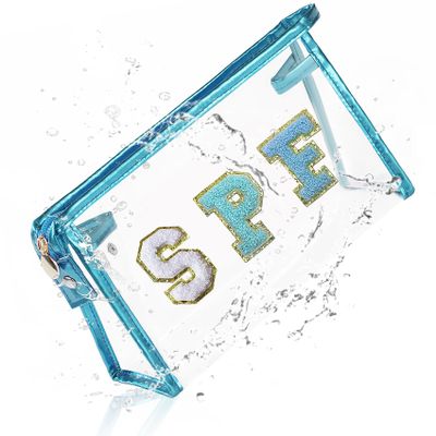 COSHAYSOO Clear Makeup Bag Preppy Sunscreen Pouch Small Beach Pool Summer Stuff Travel Must Have Cosmetic Toiletry Purse Organizer for Women Teenage Girl with Personalized Letter Patch Blue SPF