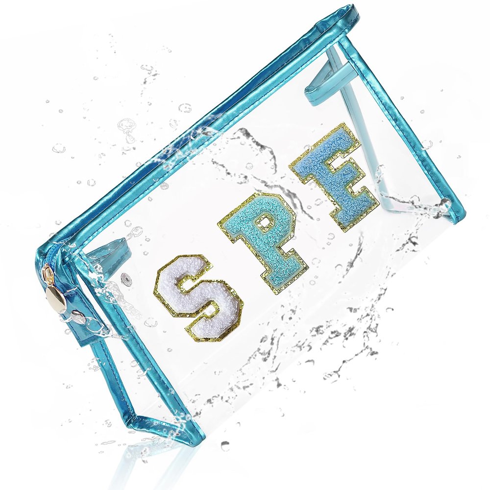 COSHAYSOO Clear Makeup Bag Preppy Sunscreen Pouch Small Beach Pool Summer Stuff Travel Must Have Cosmetic Toiletry Purse Organizer for Women Teenage Girl with Personalized Letter Patch Blue SPF