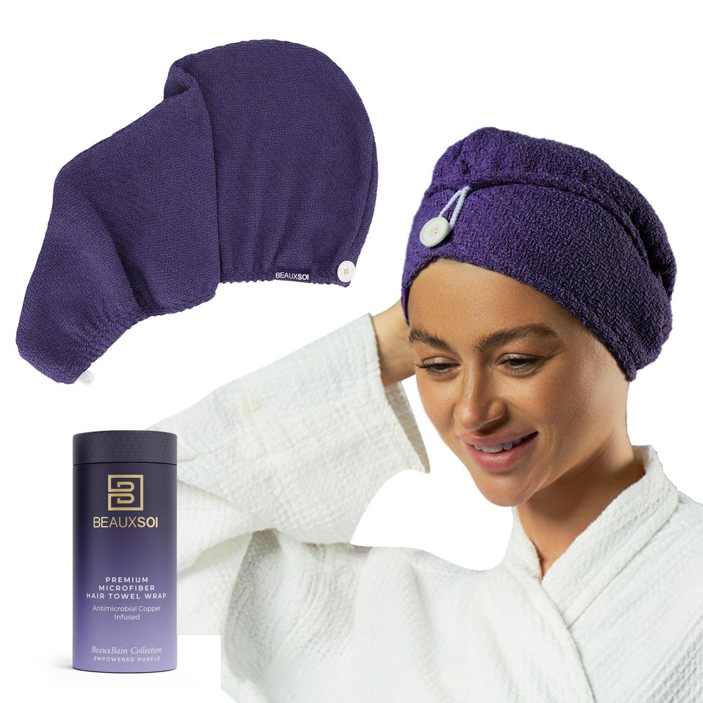 BEAUXSOI Copper Infused Microfiber Towel Hair Wrap for Women | Super Absorbent Microfiber Hair Towel Wrap with Luxury Button Design | Hair Towels for Women Anti Frizz, Quick Dry Towel