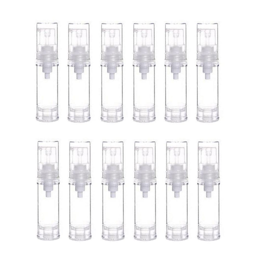12PCS 5ml/0.16oz Empty Refillable Mini Clear Plastic Airless Vacuum Pump Bottles Cosmetic Makeup Travel Cream Lotion Sample Packing Make-up Liquid Container Vial Jars Dispensing Tins