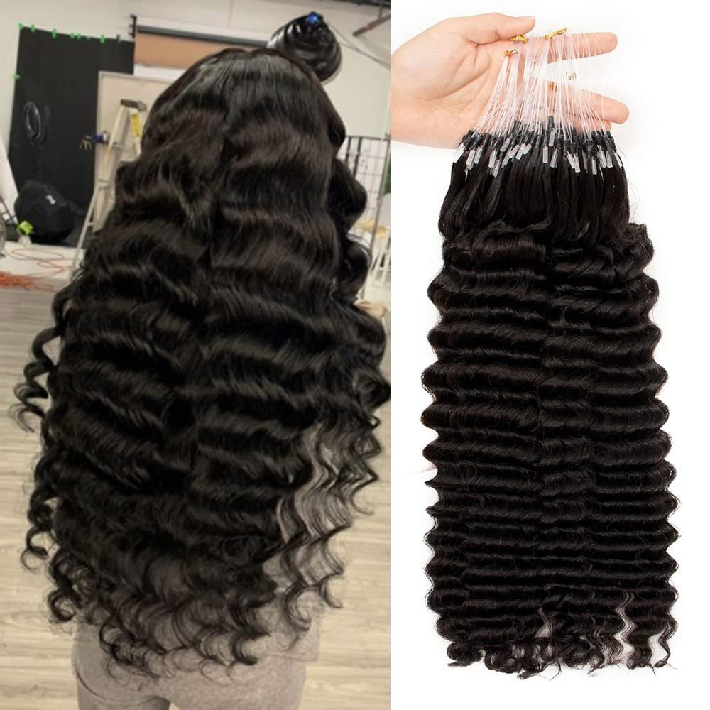 22inch Microloop hair extensions real human hair Deep Wave 1Bundle 100g/Bundle 100Strands Natural Black Micro links hair extensions for black women 1g/strand Wavy Curly Loop Micro Ring Extensions