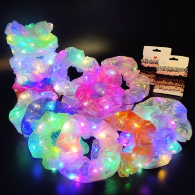 20Pcs Light Up Scrunchies with 12Pcs Satin Hair Ties, LED Hair Scrunchie for Women & Girls, Glow in the Dark Party Supplies Valentine's Day Party Favor Festival Rave Accessories for Neon Glow Party