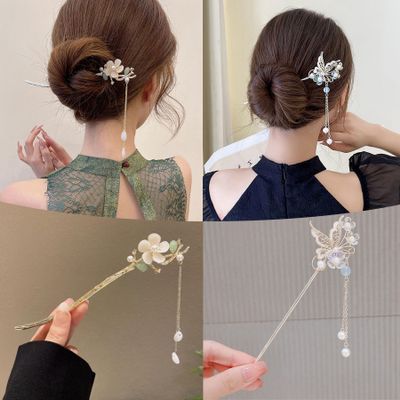 2PCS Hair Chopsticks, Hair Stick Butterfly Pearl Hair Pins Vintage Chignon Hair Accessories Headwear with Tassel 031