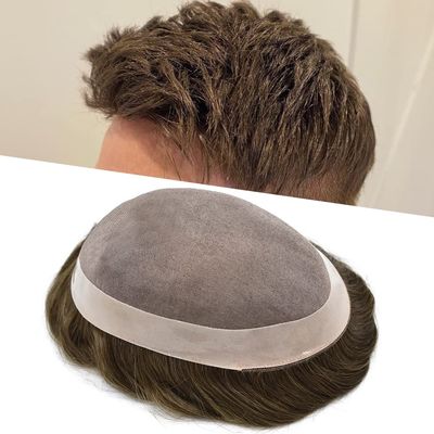 Toupee for Men Hair Replacement Systems Mono Lace Center with Poly Coating Around Real Human Hair Piece Durable NPU Monofilament Wig Mens Toupee Hair Unit (7"X9", 5# Medium Light Brown-120% Medium Light to Medium Density)