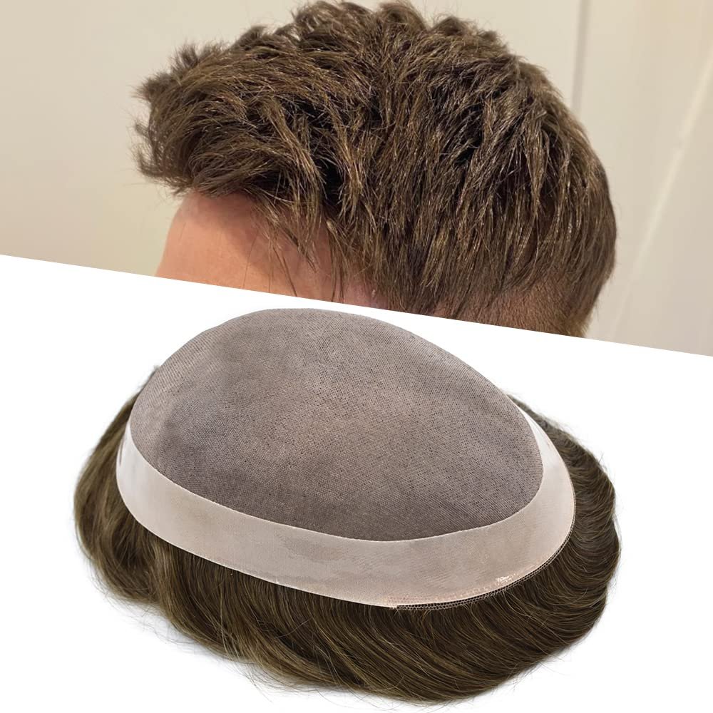 Toupee for Men Hair Replacement Systems Mono Lace Center with Poly Coating Around Real Human Hair Piece Durable NPU Monofilament Wig Mens Toupee Hair Unit (7"X9", 5# Medium Light Brown-120% Medium Light to Medium Density)