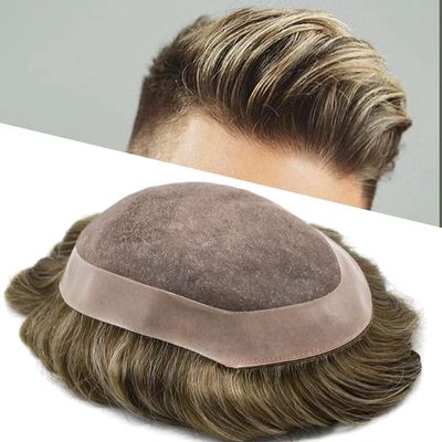 Toupee for Men Hair Replacement Systems Mono Lace Center with Poly Coating Around Real Human Hair Piece Durable NPU Monofilament Wig Mens Toupee Hair Unit (7"X10", #530 Medium Light Brown+30% Gray-120% Medium Light to Medium Density)