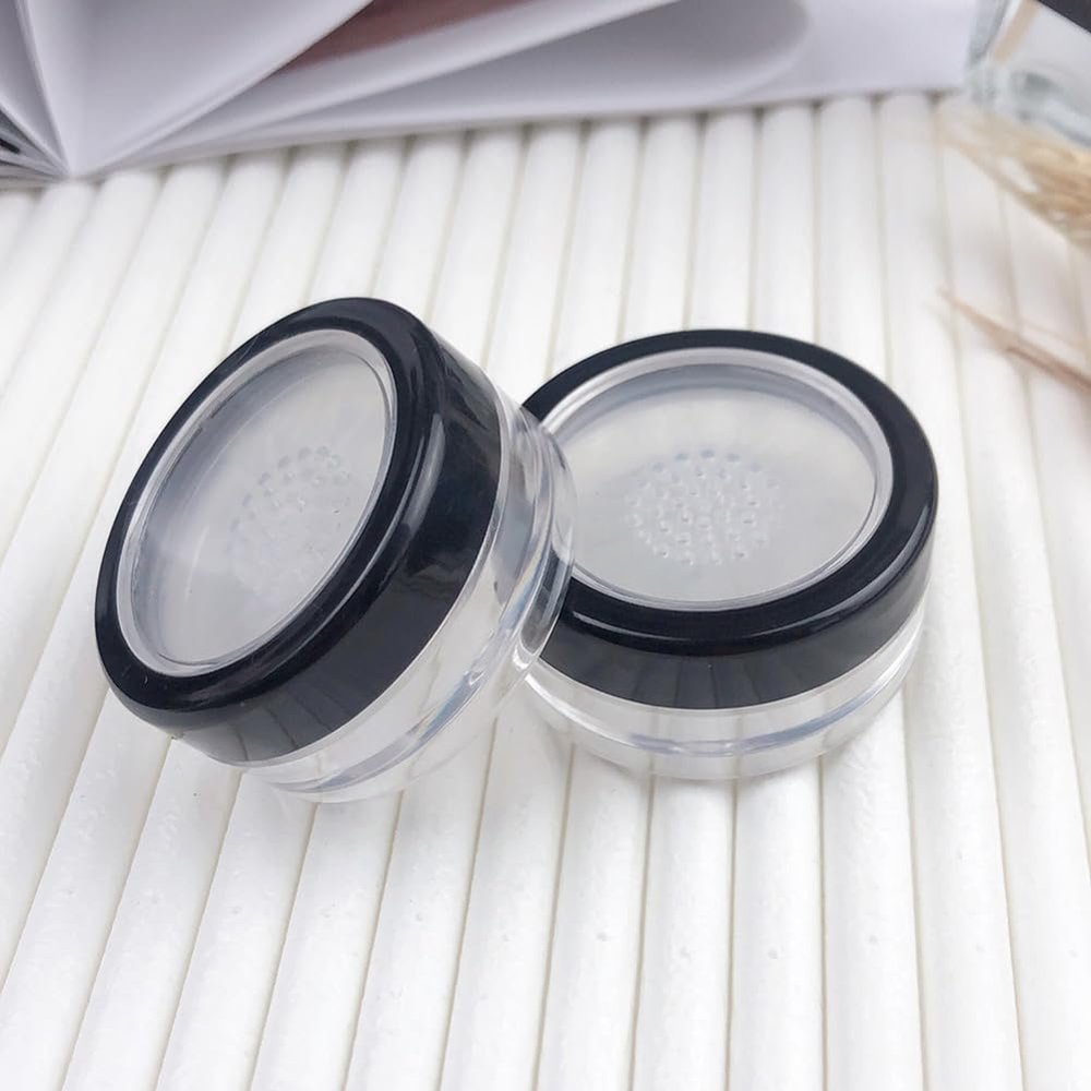 AKOAK 2 Pcs Capacity 10ml / 0.33oz Empty Plastic Clear Makeup Jar, Reusable Loose Powder Cartridge, DIY Makeup Cartridge, Blush Foundation with Sieve and Black Rimmed Lid Container Jar