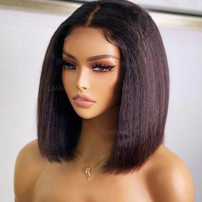 12inch Pu Wig Silk Base Short Yaki Bob Human Hair Wigs for Women Italian Yaki 5X5 Silk Top Wigs Human Hair Glueless Short Cut Human Hair Wig with Baby Hair Middle Part 150density