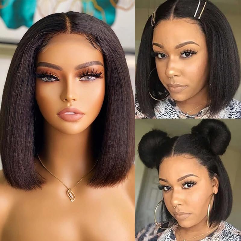 12inch Short Yaki Bob Human Hair Wigs for Women Italian Yaki 13X4 Lace Front Glueless Short Cut Human Hair Wig with Baby Hair Middle Part 180Density
