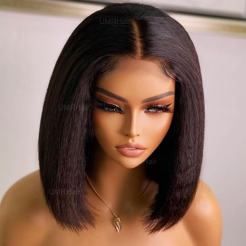 12inch Pu Wig Silk Base Short Yaki Bob Human Hair Wigs for Women Italian Yaki 5X5 Silk Top Wigs Human Hair Glueless Short Cut Human Hair Wig with Baby Hair Middle Part 180density
