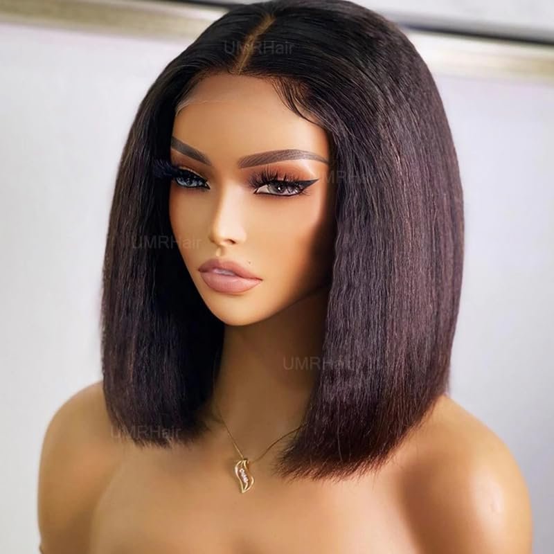 10inch Pu Wig Silk Base Short Yaki Bob Human Hair Wigs for Women Italian Yaki 5X5 Silk Top Wigs Human Hair Glueless Short Cut Human Hair Wig with Baby Hair Middle Part 150density
