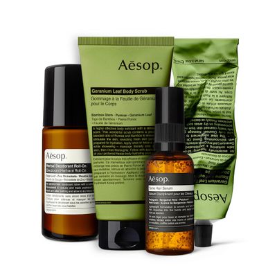 Aesop Body Care Essentials Kit - Geranium Leaf Body Balm (3.3 Fl Oz) + Geranium Leaf Body Scrub (6.1 Fl Oz) + Deodorant Roll-On (1.6) + Tame Hair Serum (2 Fl Oz) | Paraben, Cruelty-free & Vegan